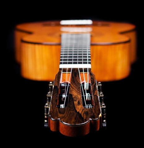 View from headstock of a La Cañada "Model 17A" classical guitar made of spruce and maple