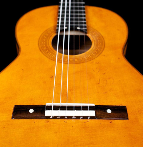The soundboard of a La Cañada "Model 17A" classical guitar made of spruce and maple