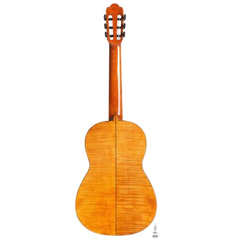 The back of a La Cañada "Model 17A" classical guitar made of spruce and maple