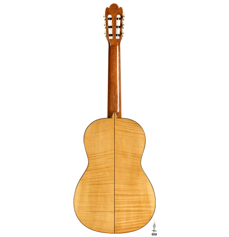 The back of a La Cañada "Model 17A" classical guitar made of spruce and maple