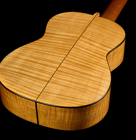 The back and sides of a La Cañada "Model 17A" classical guitar made of spruce and maple
