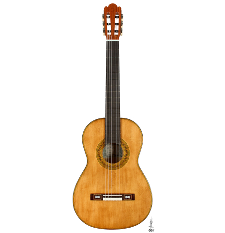 The front of a La Cañada "Model 17A" classical guitar made of spruce and maple
