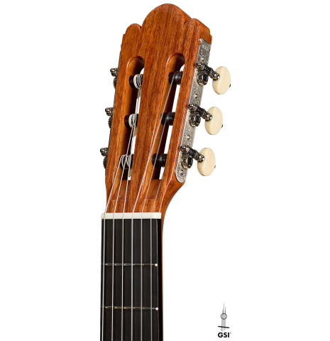 The headstock of a La Cañada "Model 17A" classical guitar made of spruce and maple