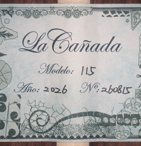 The label of a La Cañada "Model 115" classical guitar made with spruce and granadillo