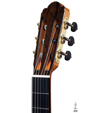 The headstock and tuners of a La Cañada "Model 115" classical guitar made with spruce and granadillo