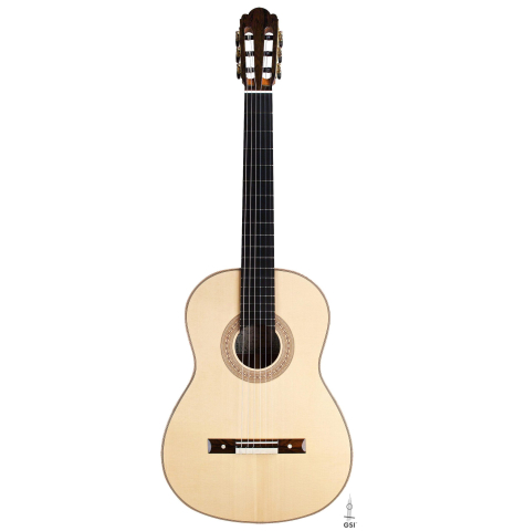 The front of a La Cañada "Model 115" classical guitar made with spruce and granadillo