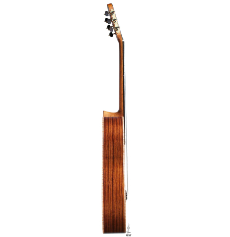 The side of a La Cañada "Model 115" classical guitar made with spruce and granadillo