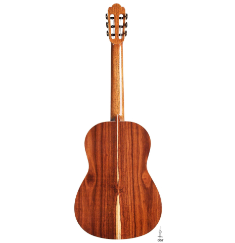 The back of a La Cañada "Model 115" classical guitar made with spruce and granadillo