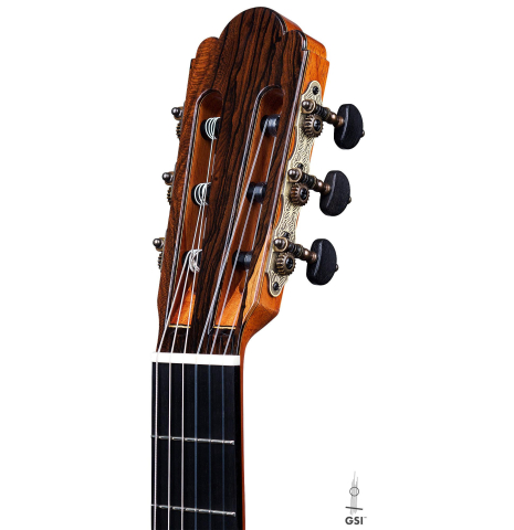 The headstock and machine heads of a La Cañada "Model 115A" classical guitar made with spruce and granadillo