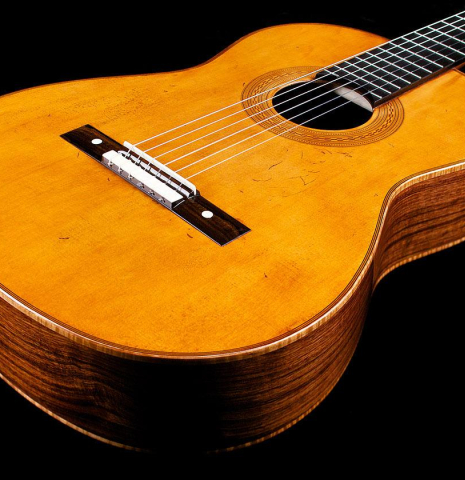 The soundboard and sides of a La Cañada "Model 115A" classical guitar made with spruce and granadillo