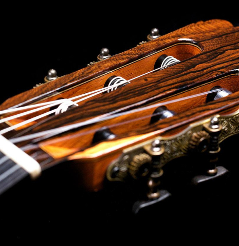 The headstock and machine heads of a La Cañada "Model 115A" classical guitar made with spruce and granadillo