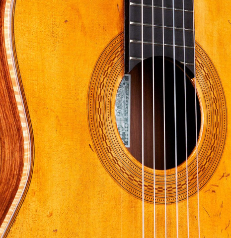 The soundboard and sides of a La Cañada &quot;Model 115A&quot; classical guitar made with spruce and granadillo