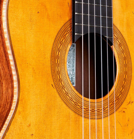 The soundboard and sides of a La Cañada "Model 115A" classical guitar made with spruce and granadillo