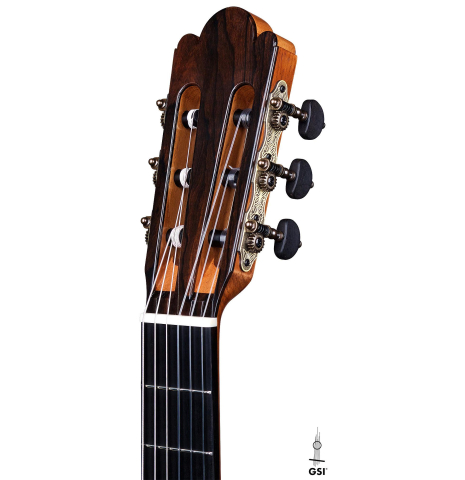 The headstock of a La Cañada &quot;Model 17A&quot; classical guitar made of spruce and Granadillo 