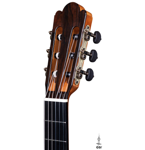 The headstock of a La Cañada "Model 17A" classical guitar made of spruce and Granadillo