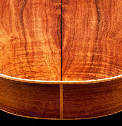 The back of a La Cañada "Model 17A" classical guitar made of spruce and Granadillo