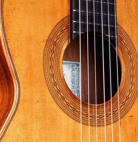 The soundboard of a La Cañada &quot;Model 17A&quot; classical guitar made of spruce and Granadillo 
