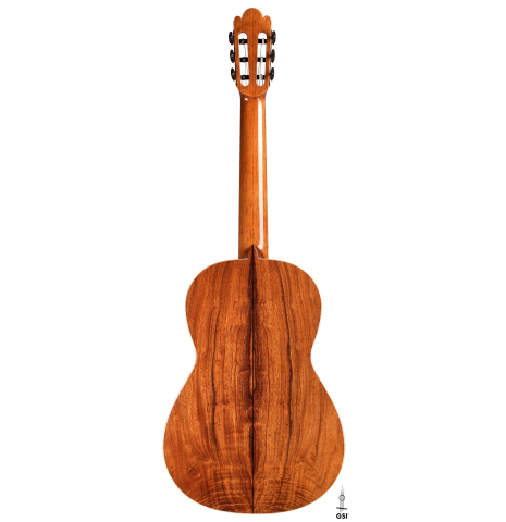 The back of a La Cañada "Model 17A" classical guitar made of spruce and Granadillo
