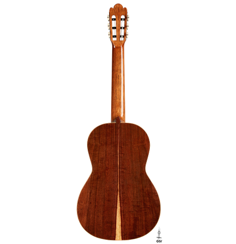 The back of a La Cañada "Model 17A" classical guitar made of spruce and granadillo