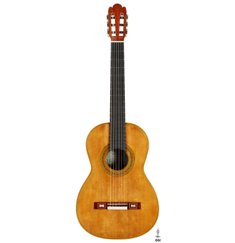 The front of a La Cañada "Model 17A" classical guitar made of spruce and granadillo