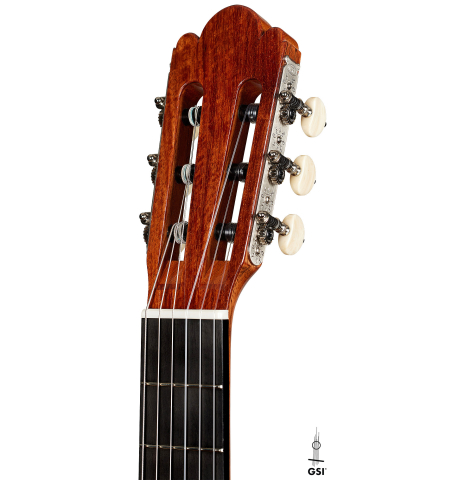 The headstock of a La Cañada "Model 17A" classical guitar made of spruce and granadillo