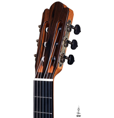 The headstock of a La Cañada "Model 17" classical guitar made of spruce and Granadillo