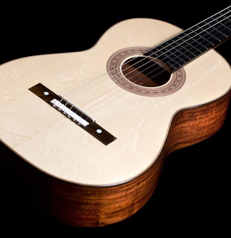 The front of a La Cañada &quot;Model 17&quot; classical guitar made of spruce and Granadillo 