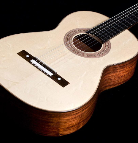 The front of a La Cañada "Model 17" classical guitar made of spruce and Granadillo