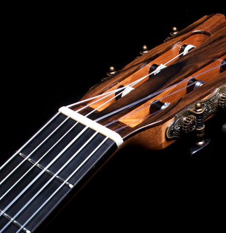 The headstock and the neck of a La Cañada &quot;Model 17&quot; classical guitar made of spruce and Granadillo 