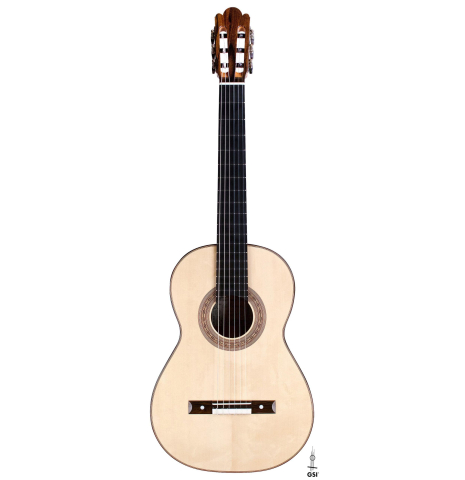 The front of a La Cañada &quot;Model 17&quot; classical guitar made of spruce and Granadillo 