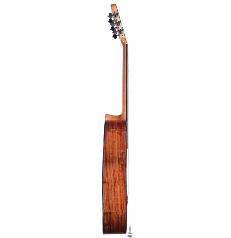 The side of a La Cañada "Model 17" classical guitar made of spruce and Granadillo