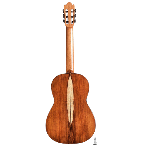 The back of a La Cañada &quot;Model 17&quot; classical guitar made of spruce and Granadillo 