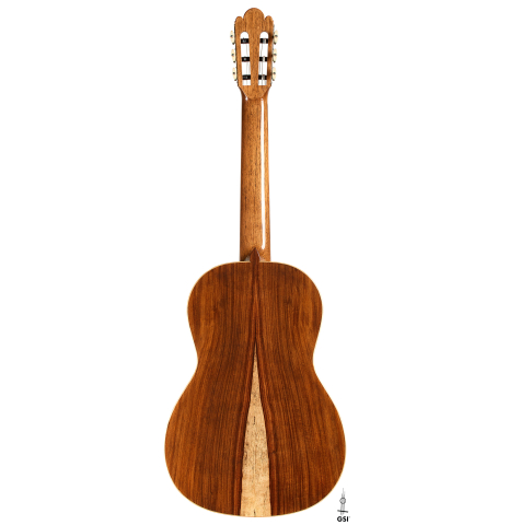The back of a La Cañada "Model 17" classical guitar made of spruce and Granadillo