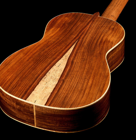 The back and sides of a La Cañada "Model 17" classical guitar made of spruce and Granadillo