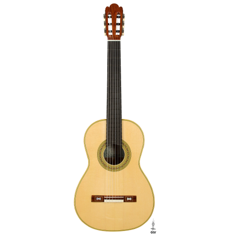 The front of a La Cañada "Model 17" classical guitar made of spruce and Granadillo