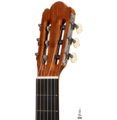 The headstock of a La Cañada "Model 17" classical guitar made of spruce and Granadillo