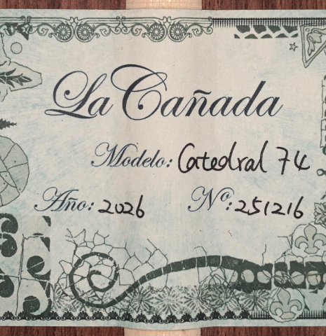 The label of a La Cañada "Catedral 74" classical guitar made of cedar and granadillo