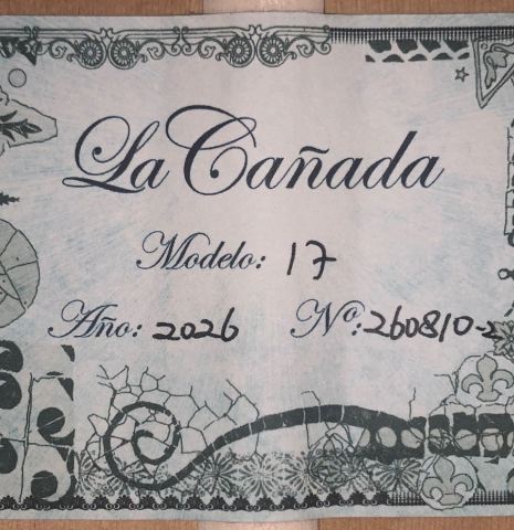 The label of a La Cañada "Model 17" classical guitar made of spruce and cypress