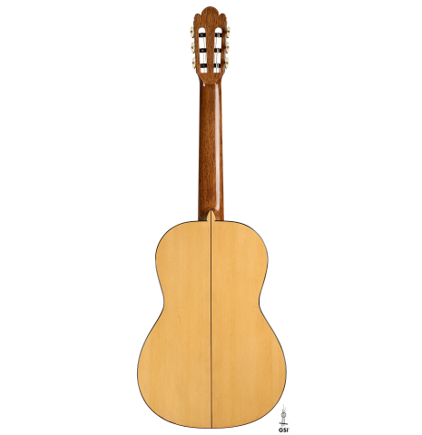 The back of a La Cañada "Model 17" classical guitar made of spruce and cypress
