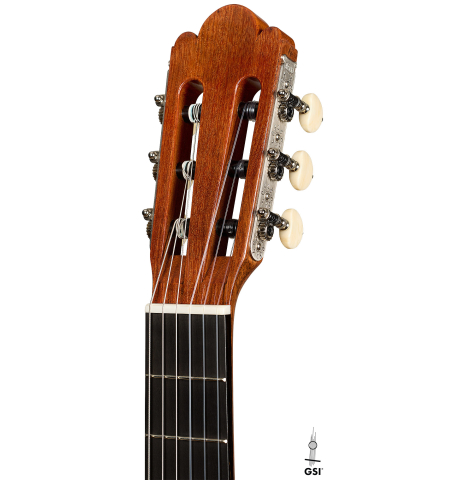 The headstock of a La Cañada "Model 17" classical guitar made of spruce and cypress