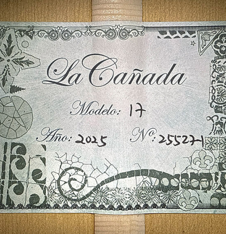 The label of a La Cañada "Model 17" classical guitar made of spruce and cypress