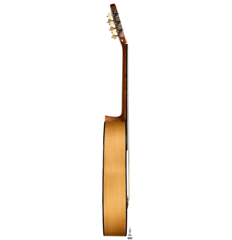 The side of a La Cañada "Model 17" classical guitar made of spruce and cypress