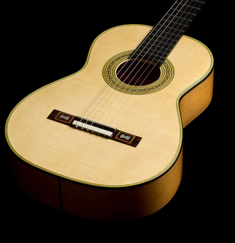 The soundboard of a La Cañada "Model 17" classical guitar made of spruce and cypress