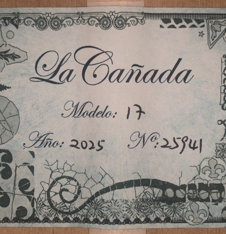 The label of a 2025 La Cañada "Model 17" classical guitar made of spruce and cypress being auctioned