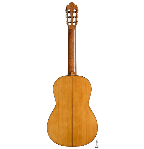 The back of a La Cañada "Model 17A" classical guitar made of spruce and cypress