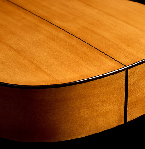 The back and sides at the foot of a La Cañada "Model 17A" classical guitar made of spruce and cypress