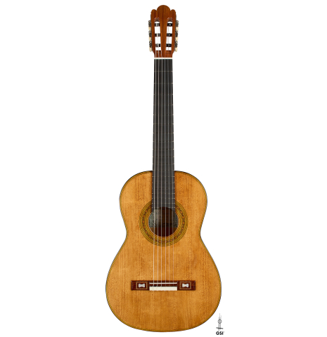The front of a La Cañada "Model 17A" classical guitar made of spruce and cypress