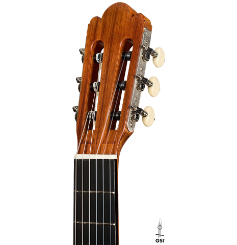 The headstock of a La Cañada "Model 17A" classical guitar made of spruce and cypress