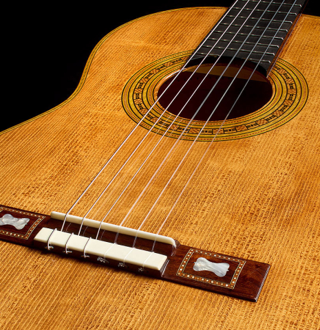 The soundboard of a La Cañada "Model 17A" classical guitar made of spruce and cypress