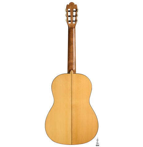 The back of a La Cañada "Model 115" classical guitar made of spruce and cypress